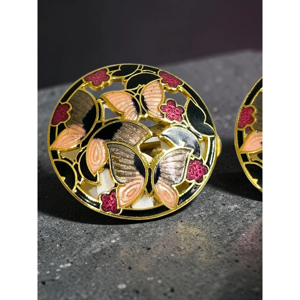 Vintage Enamel Cloisonne Butterfly Clip On Earrings Gold Tone Colorful